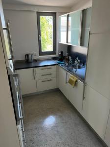 een kleine keuken met een wastafel en een raam bij Wohnung mit besonderem Ausblick in Pfaffenhausen