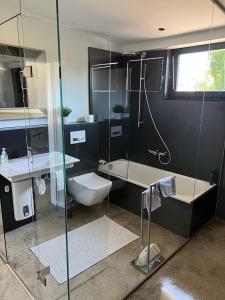 een badkamer met een douche, een toilet en een wastafel bij Wohnung mit besonderem Ausblick in Pfaffenhausen