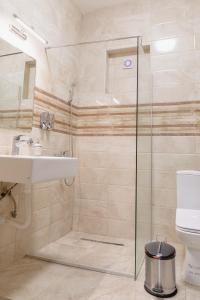 AirMi hotel في Surčin: حمام مع دش ومغسلة ومرحاض