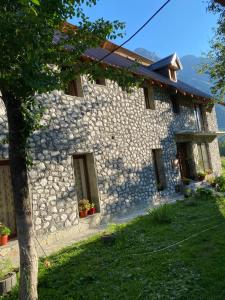 una casa de piedra con un árbol delante en Guesthouse Demushi, en Valbonë