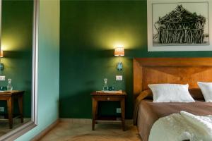 1 dormitorio con paredes verdes, 1 cama y espejo en Agriturismo Terrerosse Di Massadita, en Aieta
