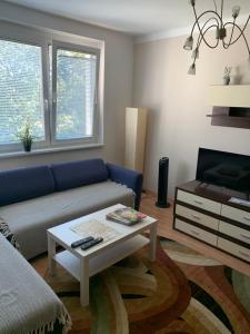 ein Wohnzimmer mit einem Sofa und einem Couchtisch in der Unterkunft Apartament T&Hos in Trnava