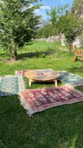 a wooden table sitting on the grass in a field at Guesthouse Demushi in Valbonë