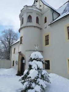 a building with a snow covered tree in front of it at Rittergut Schloss Niederforchheim in Forchheim