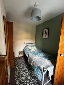 a bedroom with a bed and a green wall at Feather and Twigs Cottage, Croston in Croston