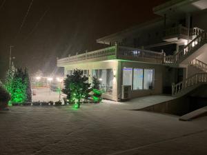 un edificio de noche con luces verdes delante en Hotel Taverna Zisi, en Ersekë