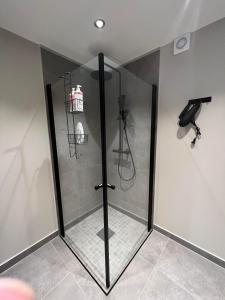 y baño con ducha y puerta de cristal. en Notodden Sentrum Apartment NO 9 en Notodden