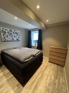 Un dormitorio con una cama grande y una ventana en Notodden Sentrum Apartment NO 9 en Notodden