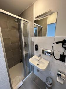 a bathroom with a sink and a shower at Hotel Am Tiergarten in Nürburg