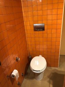 a bathroom with a toilet in an orange tiled wall at Casa Chiassarello in Roccastrada