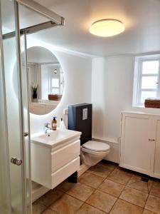 a white bathroom with a toilet and a sink at Grettir Guesthouse in Reykjavík