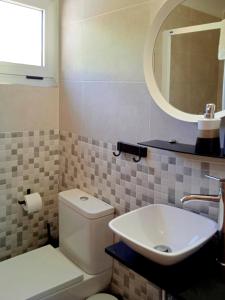 ein Badezimmer mit einem Waschbecken, einem WC und einem Spiegel in der Unterkunft El Vagón de Baides in Baides