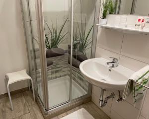 a bathroom with a shower and a sink at Haus Bodenwinkler in Gröbming