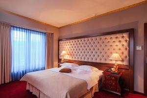 1 dormitorio con 1 cama grande y cabecero grande en Simfonia Boutique Hotel, en Râmnicu Vâlcea