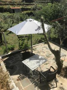 a table and chairs with an umbrella on a patio at Casa Oliveiras - Casas do Sinhel in Alvares