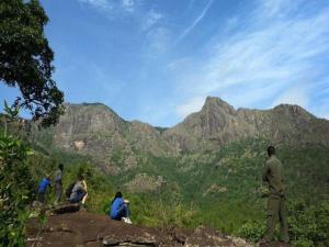 um grupo de pessoas em pé no topo de uma montanha em Jungle Hut em Masinagudi