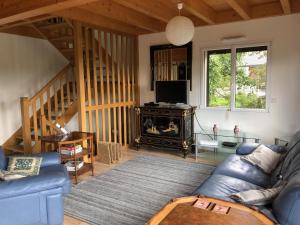 ein Wohnzimmer mit einem blauen Sofa und einem Kamin in der Unterkunft Villa Haute Savoie in Chessenaz