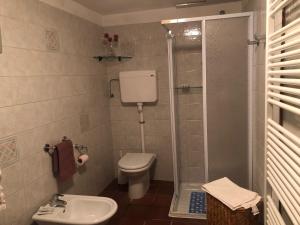 a bathroom with a shower and a toilet and a sink at La casa della sirena in SantʼEufemia a Maiella