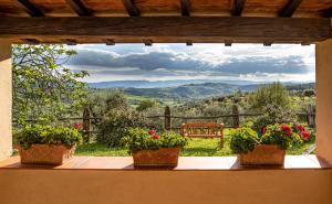 a window with three potted plants and a bench at La Ghirlanda Wine Resort in Saragano