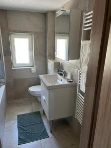 La salle de bains est pourvue d'un lavabo, de toilettes et d'un miroir. dans l'établissement Apartment 2, à Lendorf