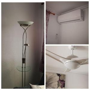 un collage di tre immagini di una stanza con lampada di Casa JIRAFA con la vista a Gran Alacant