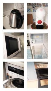 un collage di foto di una cucina con forno a microonde e frigorifero di Casa JIRAFA con la vista a Gran Alacant