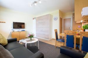 TV a/nebo společenská místnost v ubytování Ferienhof Kluvetasch Appartement Nr 1 - Ostseekrabbe