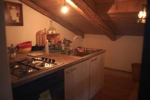 La Casa Altrui - Loft incantevole, open space في كوريدو: مطبخ مع موقد توب ومغسلة