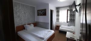 a bedroom with two beds and a window at Pensiunea Mia in Statiunea Borsa
