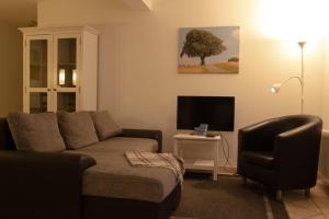 ein Wohnzimmer mit einem Sofa, einem Stuhl und einem TV in der Unterkunft Hof Timmermann - Kuhstall in Ottenstein