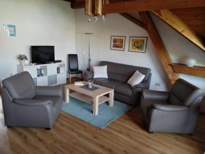een woonkamer met een bank, 2 stoelen en een tafel bij Ferienwohnungen Gabi Hermann in Bodman-Ludwigshafen
