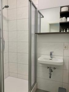 a bathroom with a sink and a shower at Rhöner Ferienwohnung in Stadtlengsfeld