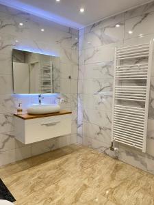 een badkamer met een wastafel en een spiegel bij Una Bihac 4 in Bihać