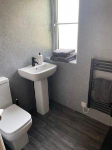 een badkamer met een wastafel, een toilet en een spiegel bij The Woodside Snug, Eastwell, Vale of Belvoir 