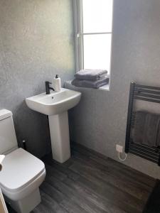 a bathroom with a sink and a toilet and a mirror at The Woodside Snug, Eastwell, Vale of Belvoir 