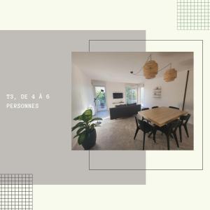 a living room with a wooden table and chairs at Bel appartement contemporain proche des commodités in Toulouse