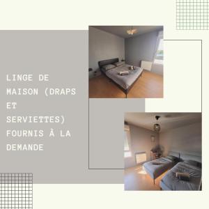 two pictures of a room with a bed and a couch at Bel appartement contemporain proche des commodités in Toulouse