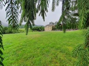 a large grassy field with a house in the background at Aleu - Apuseni Mountains in Pietroasa