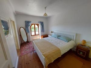 a bedroom with a large bed and a mirror at Maison Rouge in Saint-Jean-dʼAngély