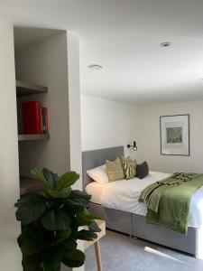 ロンドンにあるBrand new 3-bedroom home in Londonのベッドルーム1室(ベッド1台、植物付)