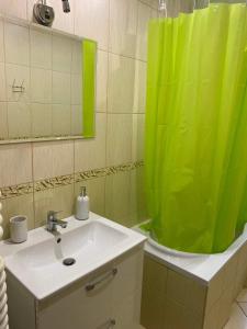 a bathroom with a sink and a green shower curtain at Apartament Lux in Gołdap