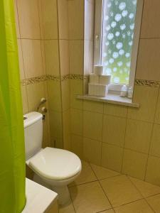 a bathroom with a toilet and a window at Apartament Lux in Gołdap +7 photos