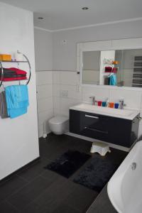 La salle de bains est pourvue d'un lavabo, de toilettes et d'un miroir. dans l'établissement Ferienwohnung Blaßneck, à Zirndorf