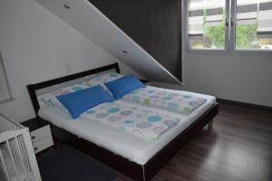 - une chambre avec un lit et des oreillers bleus dans l'établissement Ferienwohnung Blaßneck, à Zirndorf