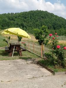 a picnic table with a yellow umbrella next to a fence at Rifugio escursionistico ex-scuola Grassi, Bubbio in Bubbio