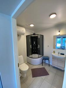 y baño con ducha, aseo y lavamanos. en Captain's House - Kaptenimaja - Apartments en Kärdla