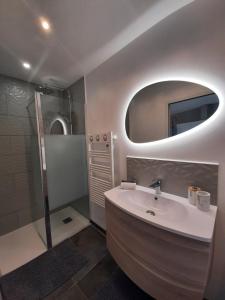 a bathroom with a sink and a shower with a mirror at Le Cottage du Bois Flotté in Saint Malo