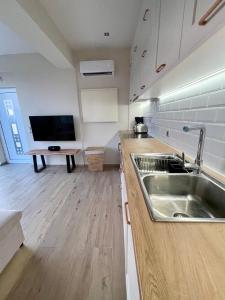 a kitchen with a stainless steel sink and a tv at Corfu Gaia View Studio in Episkopianá
