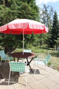 a picnic table with a red umbrella and two chairs at Domek u lesa in Bítov