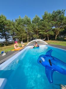 eine Gruppe von Menschen in einem Schwimmbad mit einem Hai drauf in der Unterkunft O!-Kruszek in Kruszka